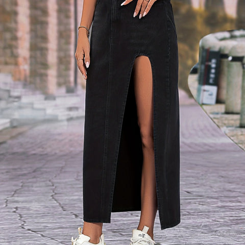 High Slit Denim Midi Skirt