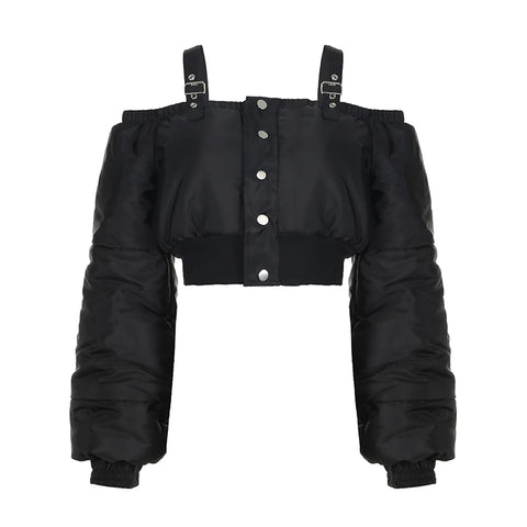 black-off-shoulder-buckle-buttons-puffer-coat-4