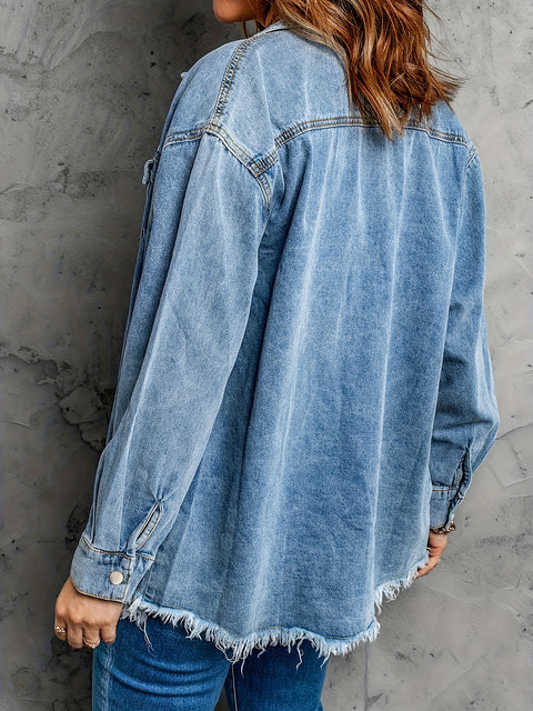 Blue Raw Hem Lapel Denim Coat