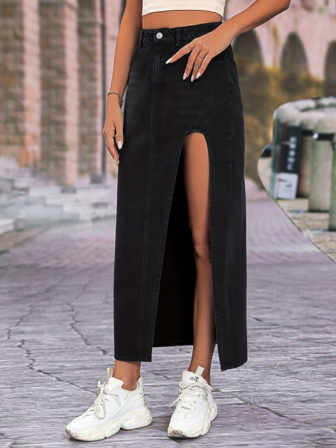 High Slit Denim Midi Skirt